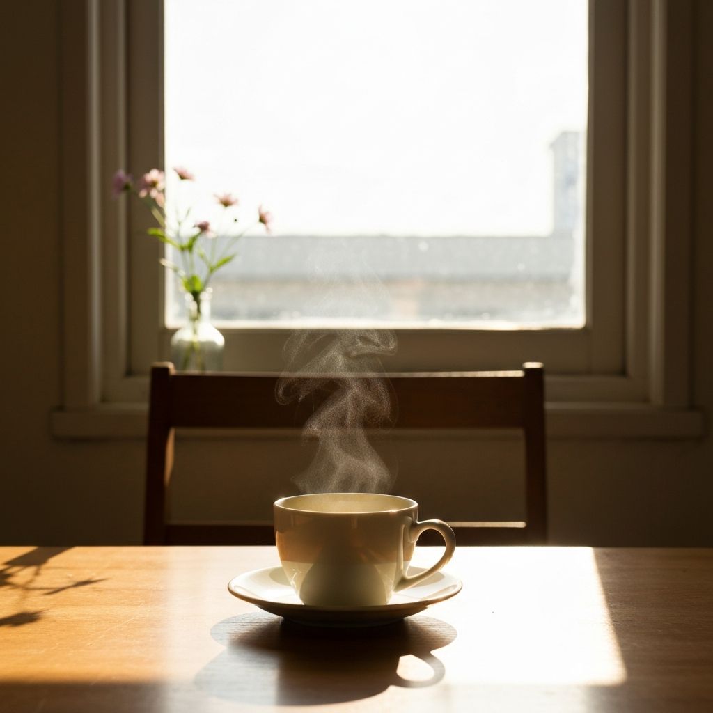 Morgonljus genom fönster med kopp på bord
